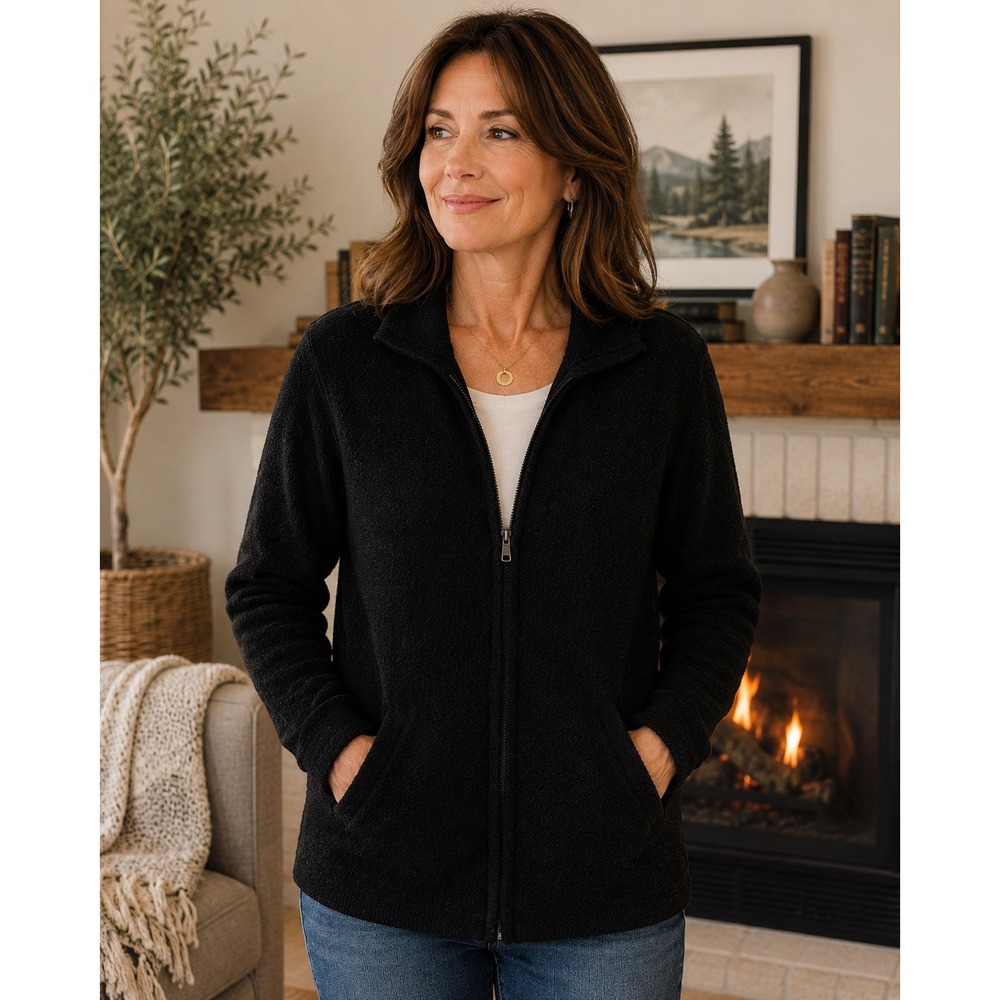 Crystal Kobe Black 100% Wool Full‎ Zip Sweater Jacket Womens Large Collared Knit